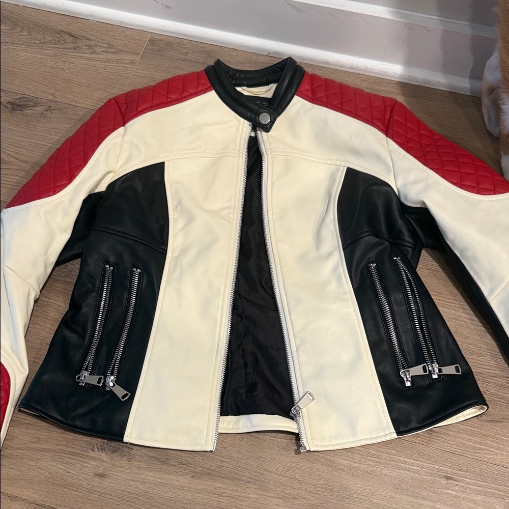 Zara Red, Black, and Cream Moto Jacket